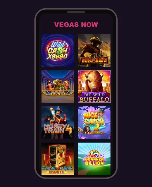 Vegas Now online on a phone Vegas Now online lobby with game tiles on a smartphone